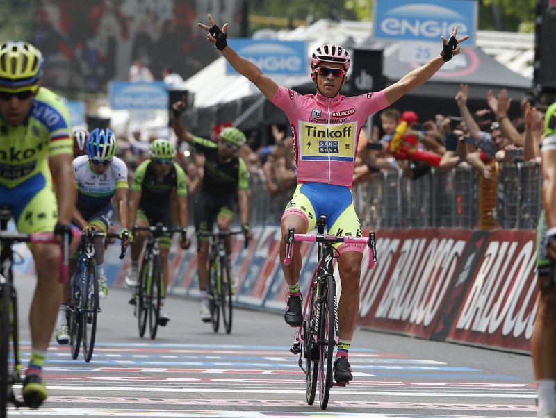 Alberto Contador (Tinkoff-Saxo) celebrates victory as he crosses the line
