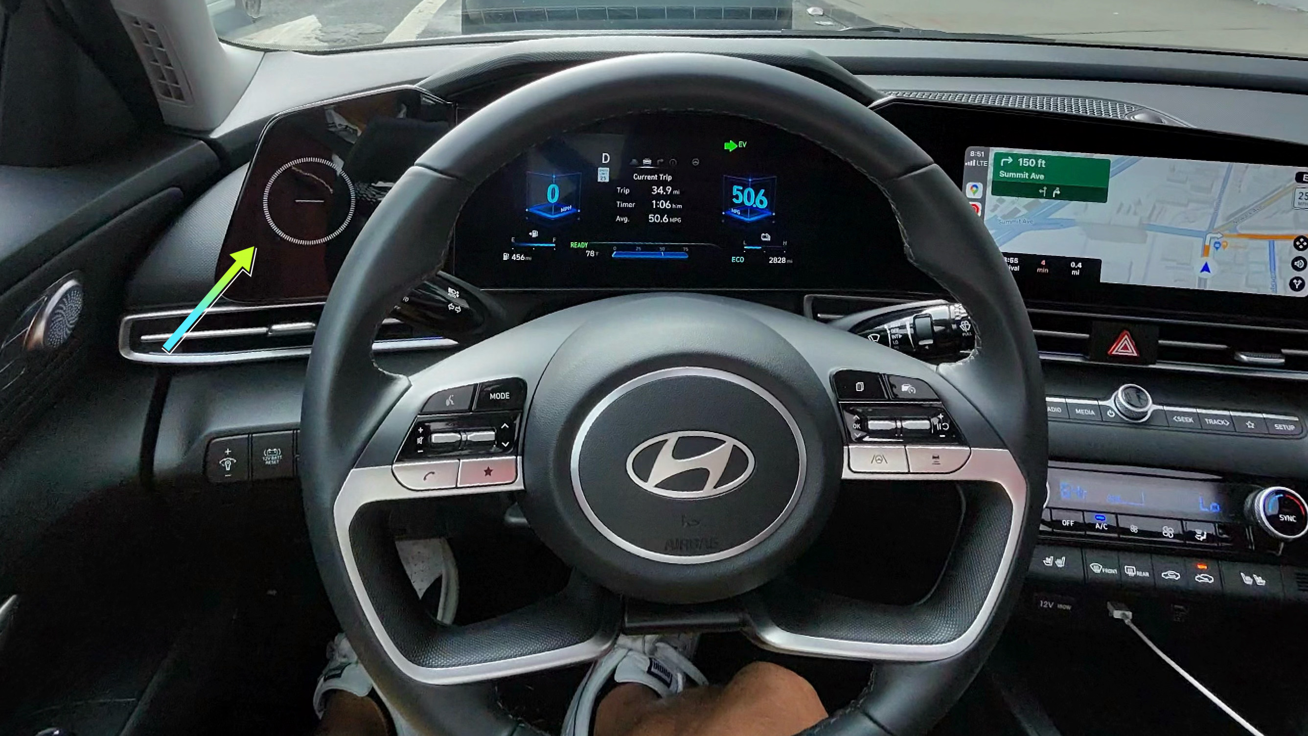 Dashboard view of the Hyundai Elantra Hybrid.