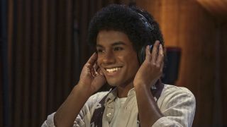 Jaafar Jackson as Michael Jackson in recording booth in Michael