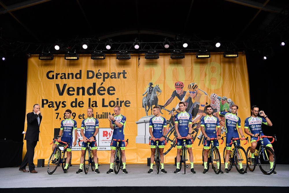 Wanty-Groupe Gobert on stage at the 2018 Tour de France team presentation