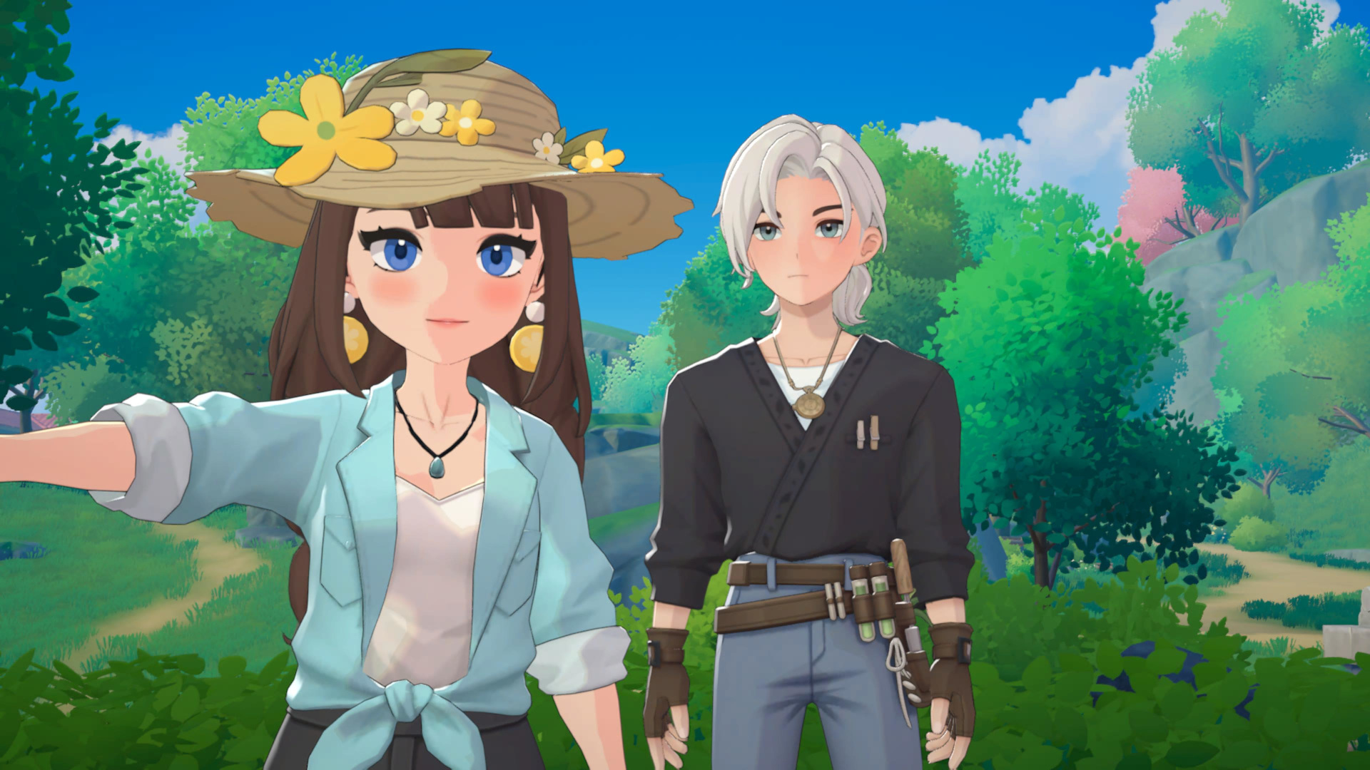 The protagonist, who wears a farmers hat and has brown hair in two braids, takes a selfie with the local farmer NPC in life sim RPG, Starsand Island