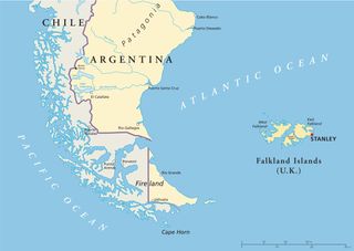 Map of the Falkland Islands and southern Argentina.