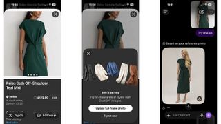 Screenshots of ChatGPT's try on feature including a green dress and an image of Becca