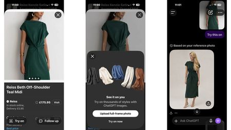 Screenshots of ChatGPT's try on feature including a green dress and an image of Becca