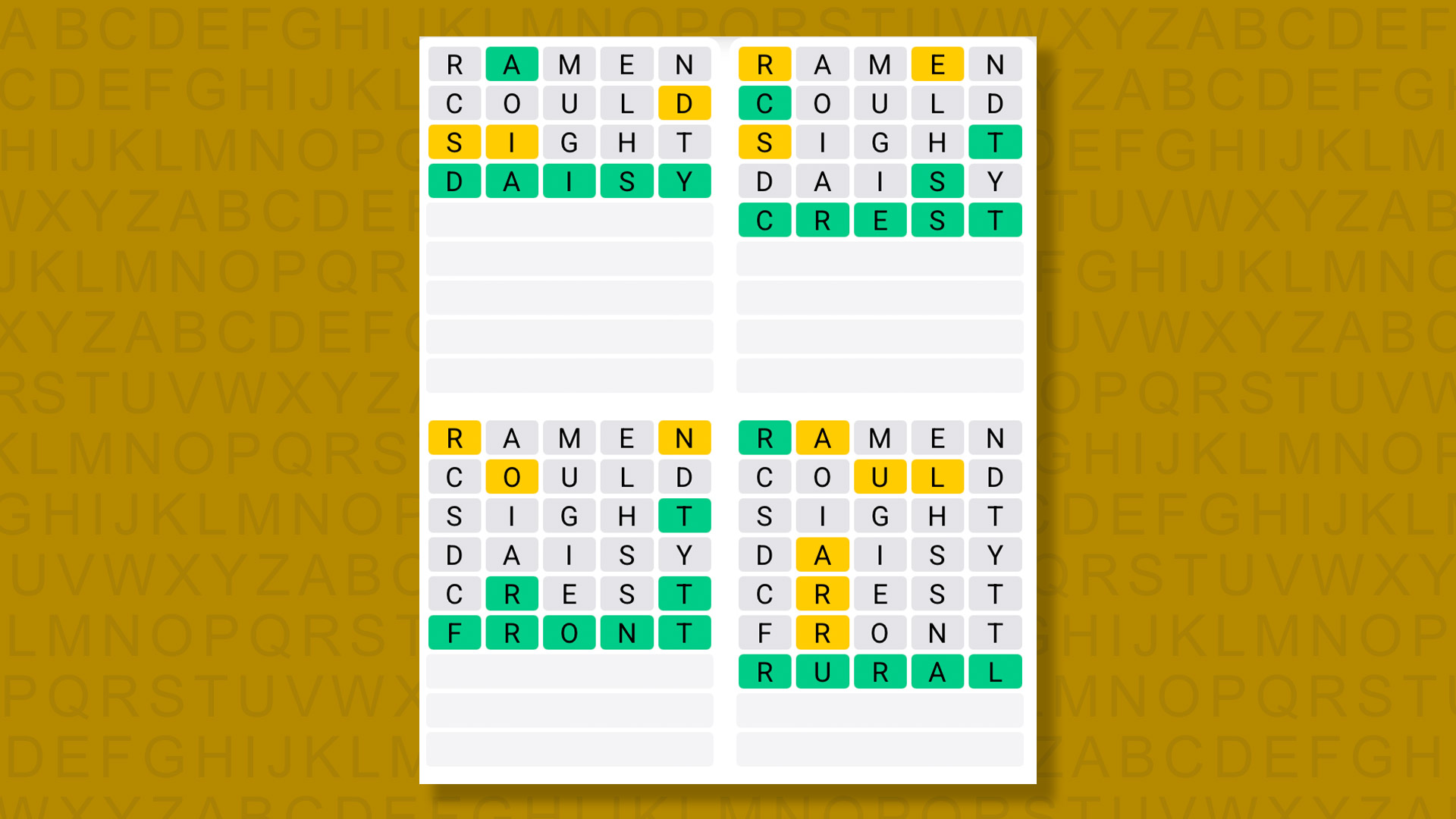 Quordle answers for game 1384 on a yellow background