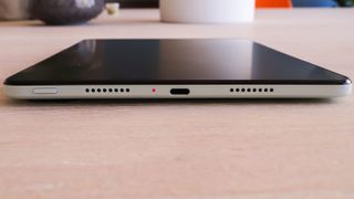 The USB-C port for the TCL Nxtpaper 10s. It’s speakers and power button are also on display in this image.