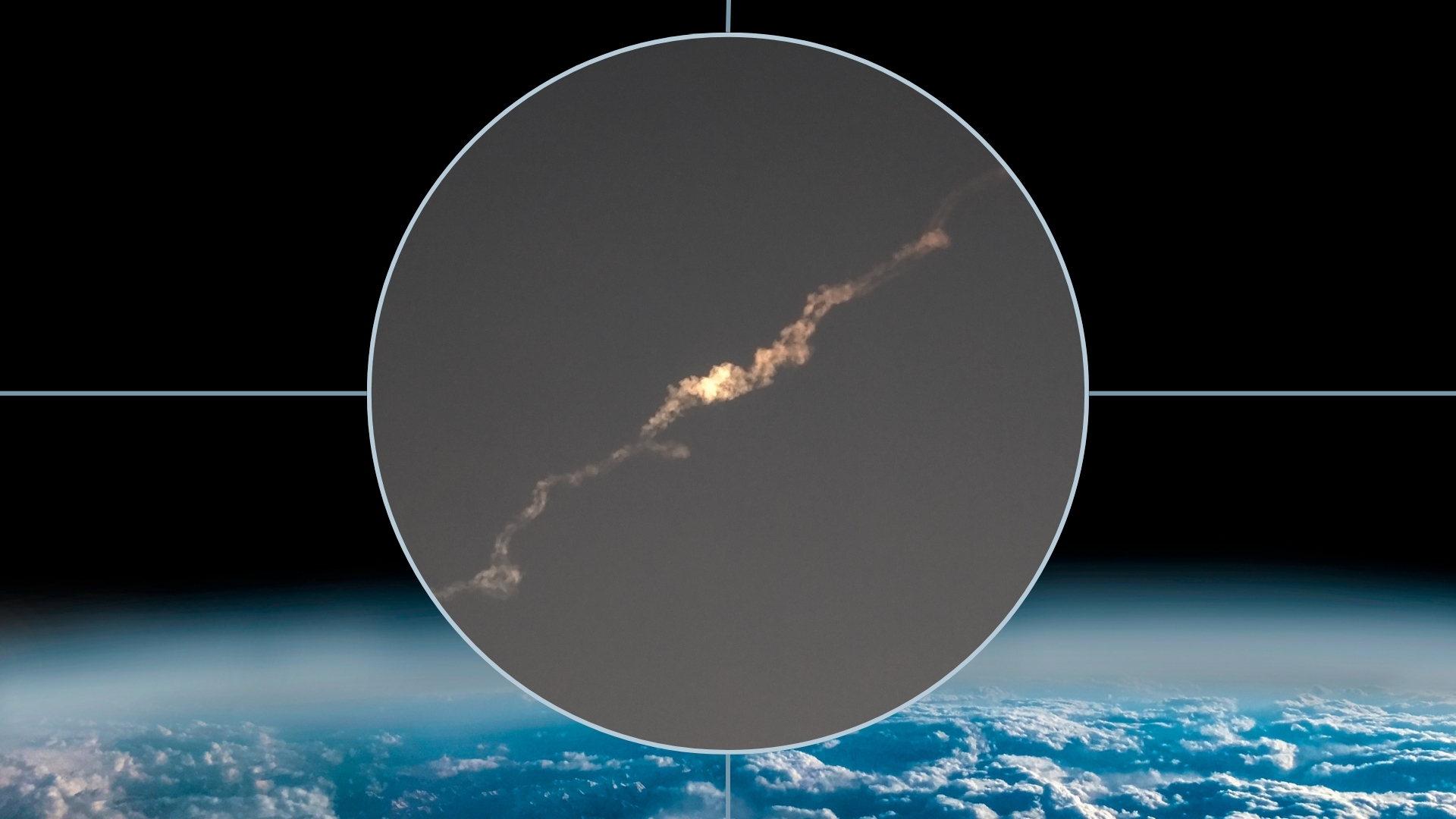 circular inset image with a exploded fireball in the sky. in the background is a graphic showing earth from space.