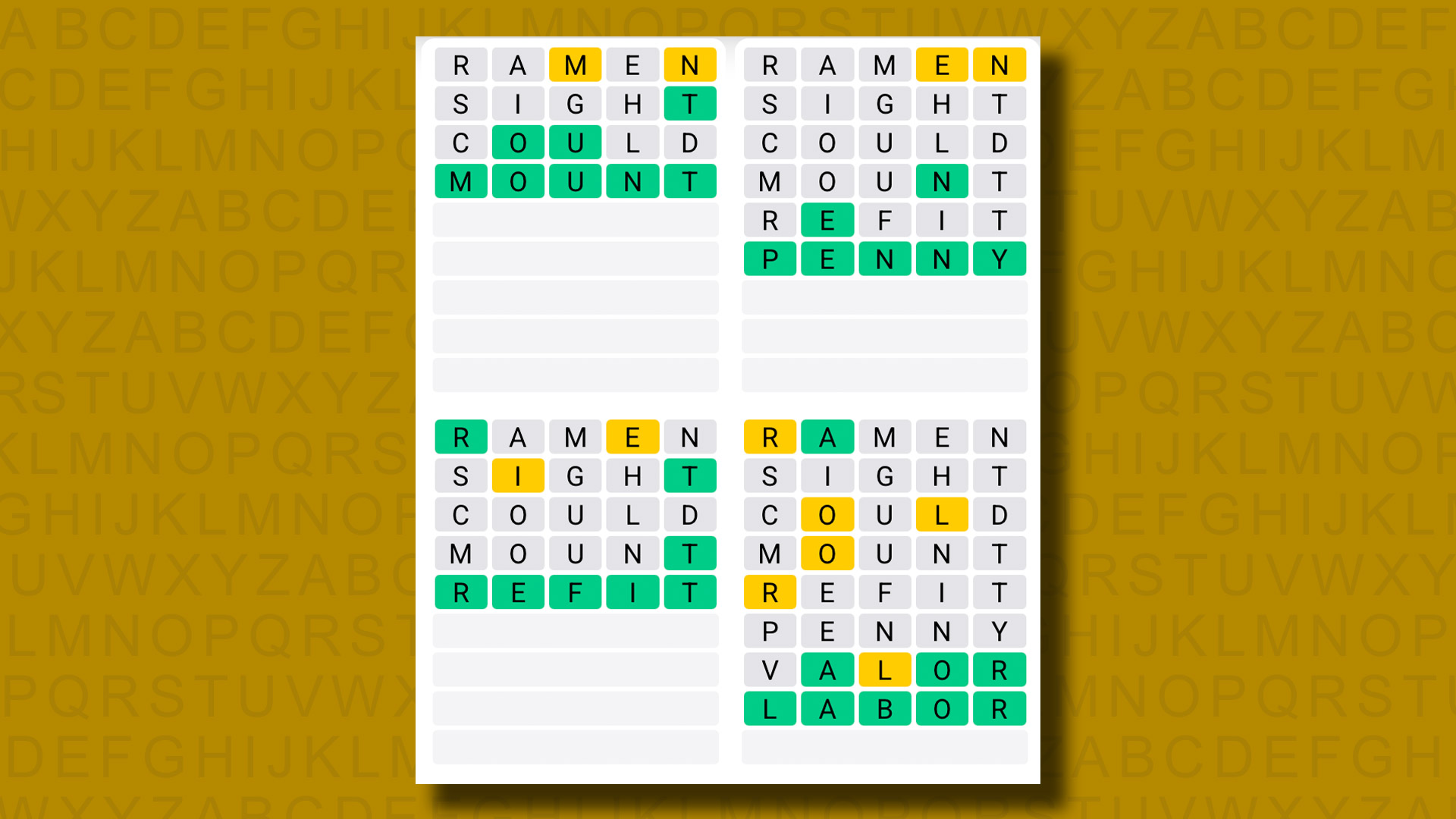 Quordle answers for game 1327 on a yellow background