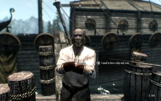 Best Skyrim mods — the player character in a dialogue menu at a Skyrim dock, declaring that they need a ship and crew.