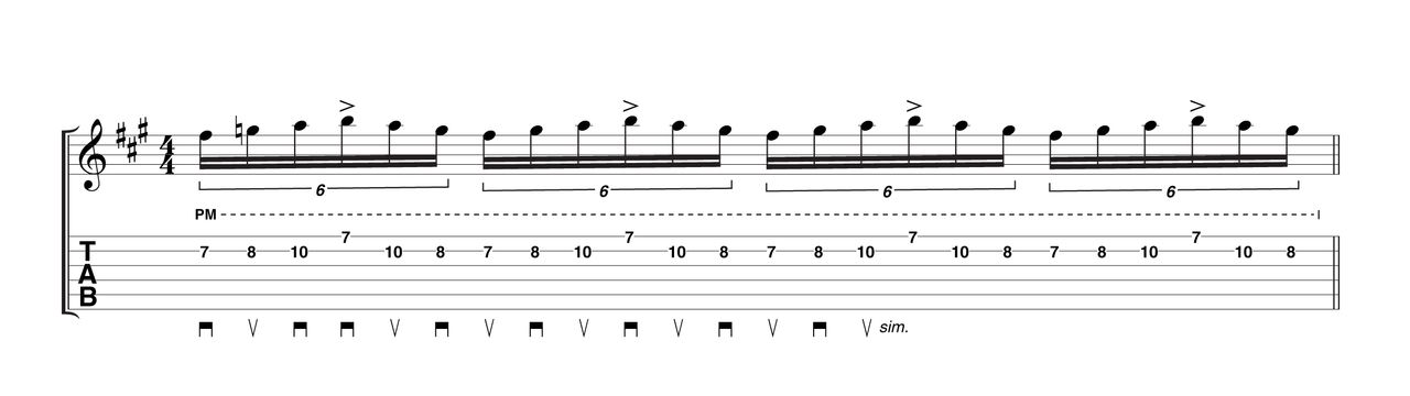 The exercise to beat all alternate picking exercises! Although this is fairly universal, Rodrigo creates smaller movements by picking the phrase slightly unusually. Notice how the phrase begins with a down-pick to start, and then reverts to starting with an up-pick on each beat.