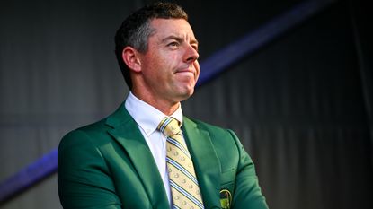 Rory McIlroy wearing the Masters green jacket