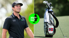 Viktor Hovland walks down the fairway, with his golf bag on the side