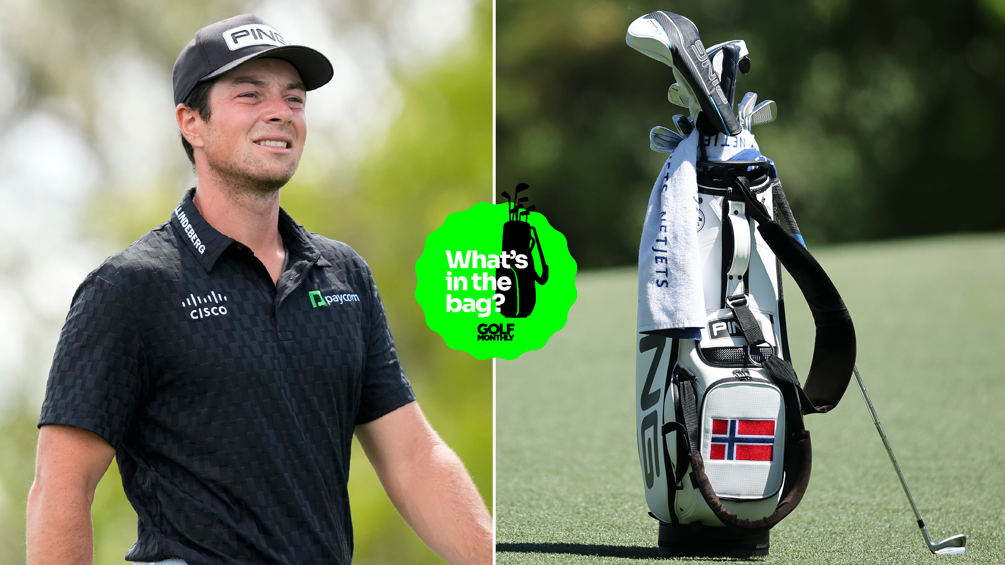 Viktor Hovland walks down the fairway, with his golf bag on the side