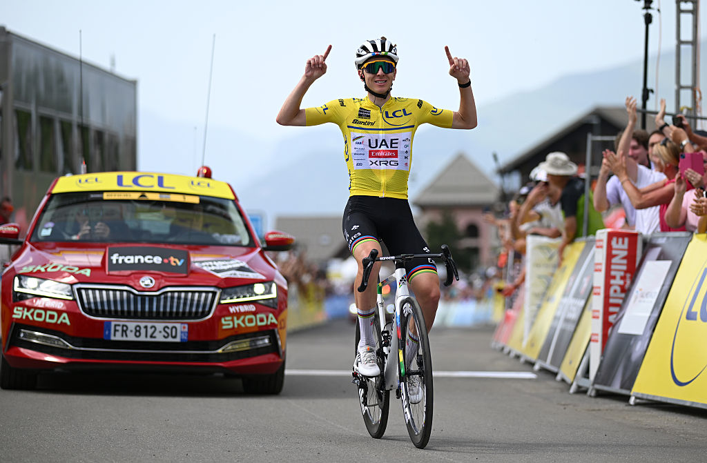 VALMEINIER 1800, FRANCE - JUNE 14: Tadej Pogacar of Slovenia and UAE Team Emirates - XRG - Yellow Leader Jersey celebrates at finish line as stage winner during the 77th Criterium du Dauphine 2025, Stage 7 a 131.6km stage from Grand-Algueblanche to Valmeinier 1800 (1830m) / #UCIWT / on June 14, 2025 in Valmeinier 1800, France. (Photo by Dario Belingheri/Getty Images)