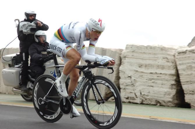 Time trial world champion Tony Martin en route to victory in the concluding time trial at Tirreno-Adriatico.