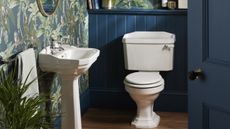 Navy blue cloakroom with white basin and toilet by Heritage bathrooms