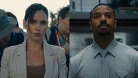 Adria Arjona investigates Thomas Crown amid a sea of reporters in the Thomas Crown Affair, Michael B. Jordan as Thomas Crown.