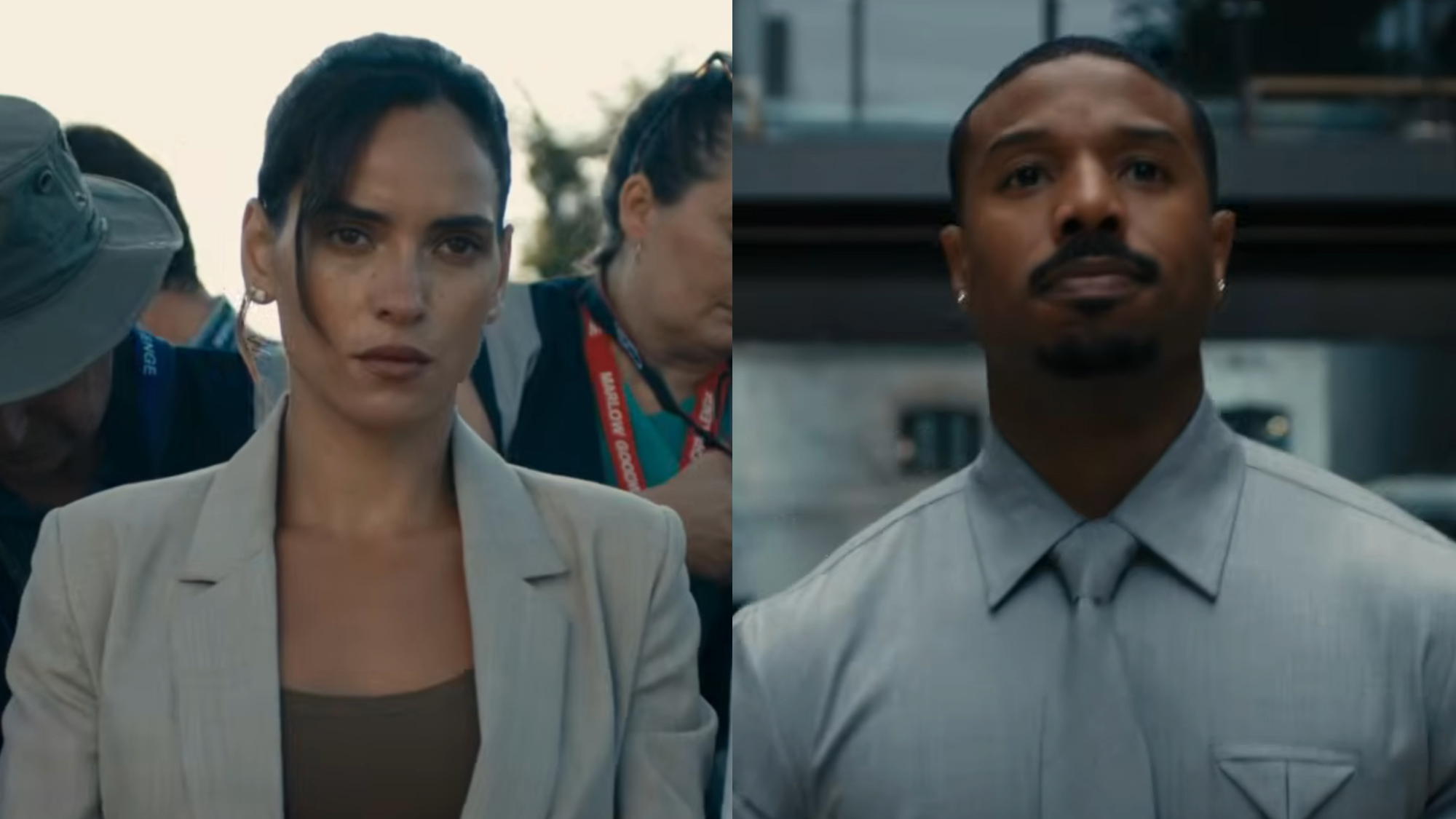 Adria Arjona investigates Thomas Crown amid a sea of reporters in the Thomas Crown Affair, Michael B. Jordan as Thomas Crown.