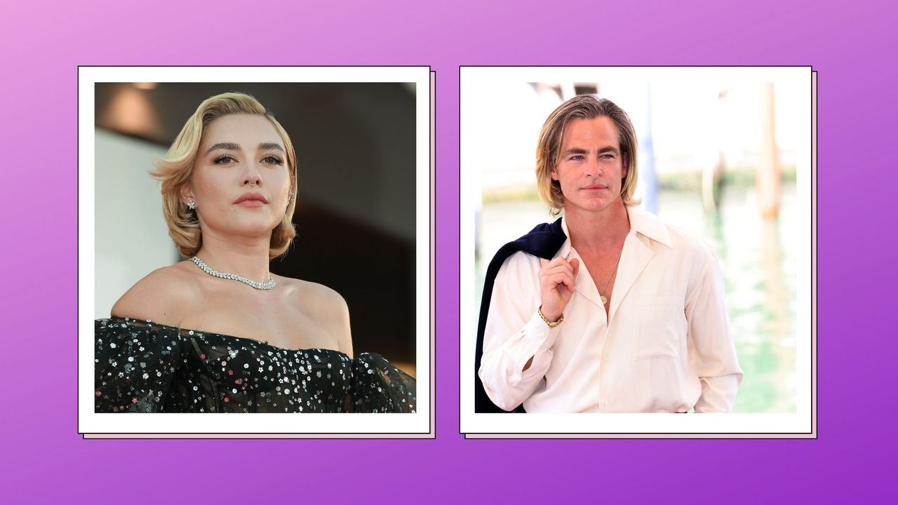 Florence Pugh and Chris Pine at the Venice Film Festival, against a purple collage background