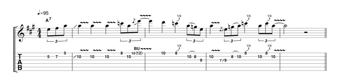 With a swung feel and plenty of triplets, this example features plenty of fiery vibrato and classic quarter-tone bends. These are where the key to authenticity lies, perhaps even more than the choice of notes.