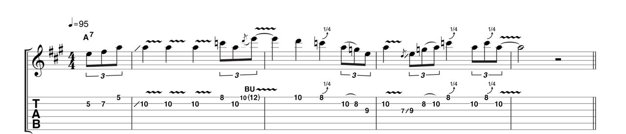 With a swung feel and plenty of triplets, this example features plenty of fiery vibrato and classic quarter-tone bends. These are where the key to authenticity lies, perhaps even more than the choice of notes.