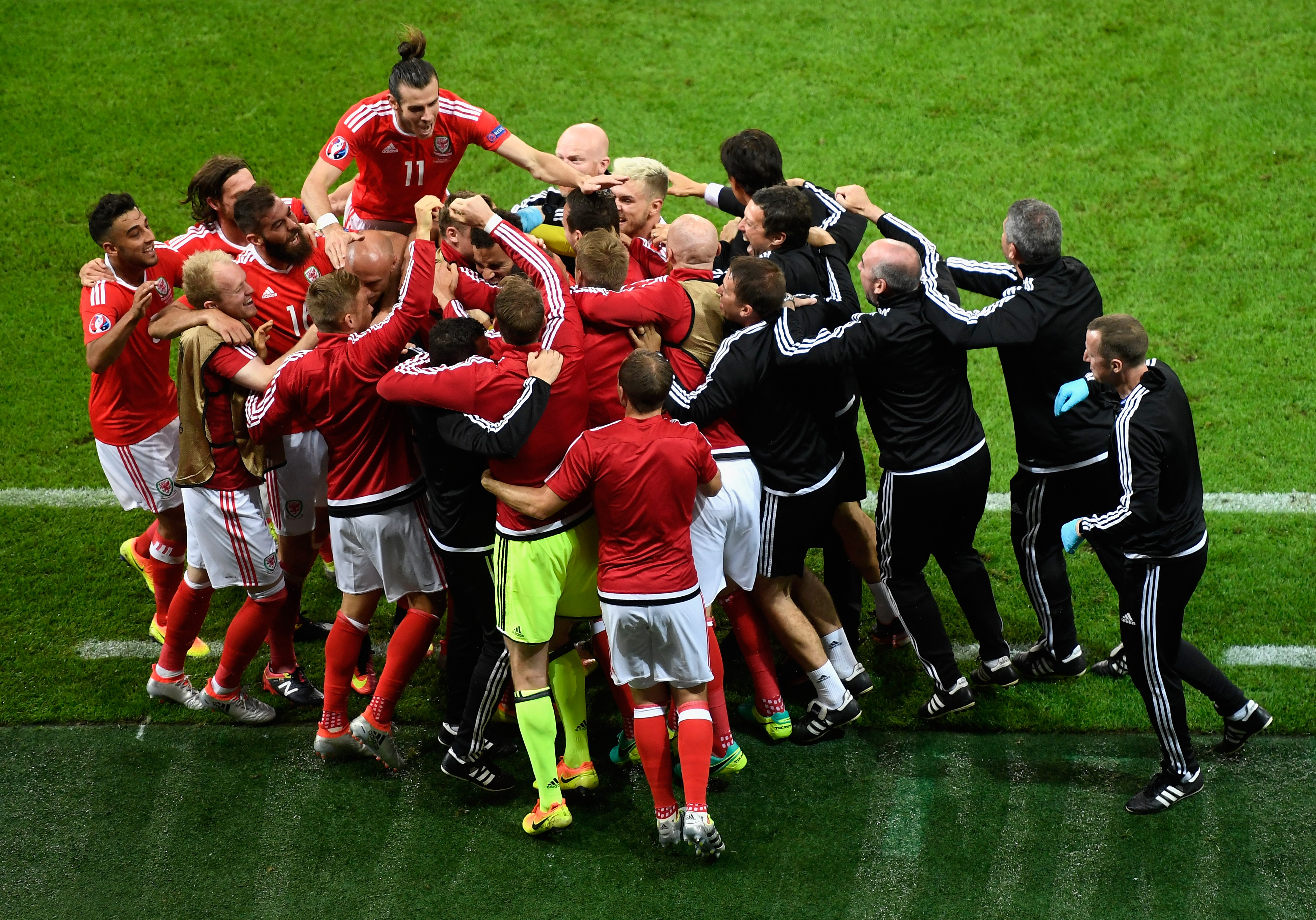 Wales players celebrate Hal Robson-Kanu's goal against Belgium at Euro 2016.