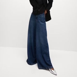 Lyocell Blend Wide Palazzo Leg Jeans in indigo on model