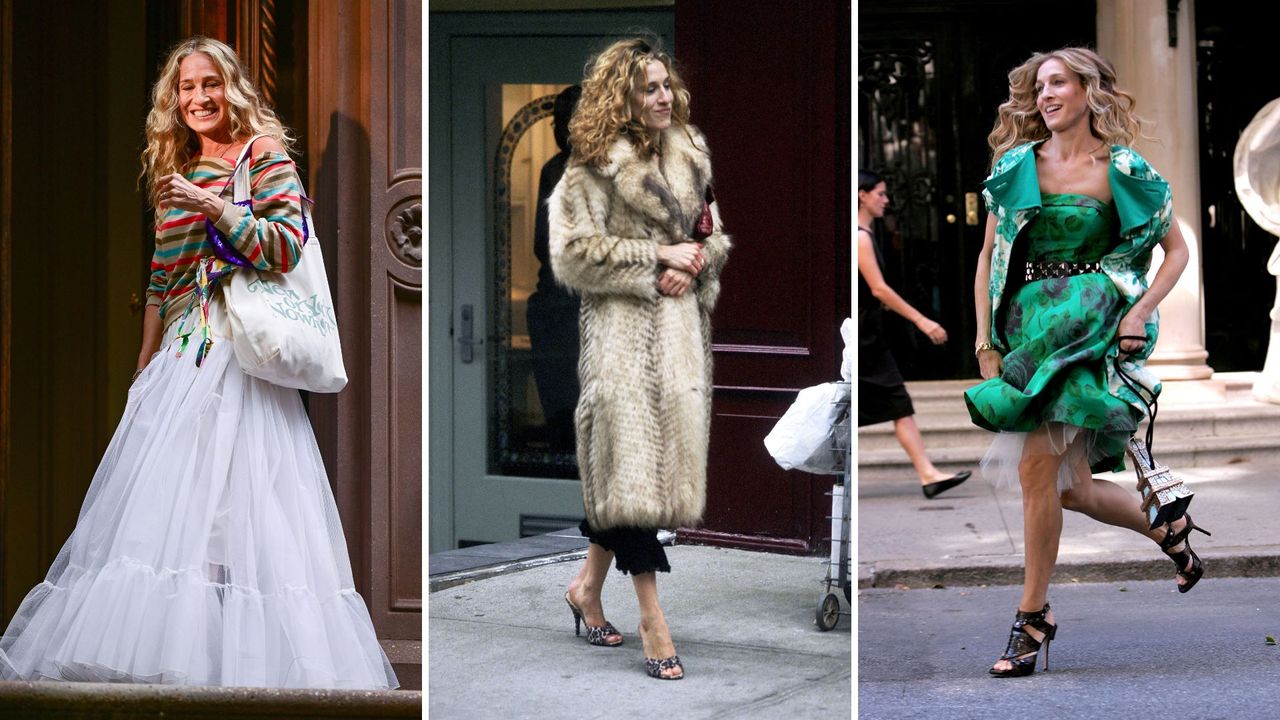 composite of 3 of carrie bradshaw&#039;s best outfits over the years