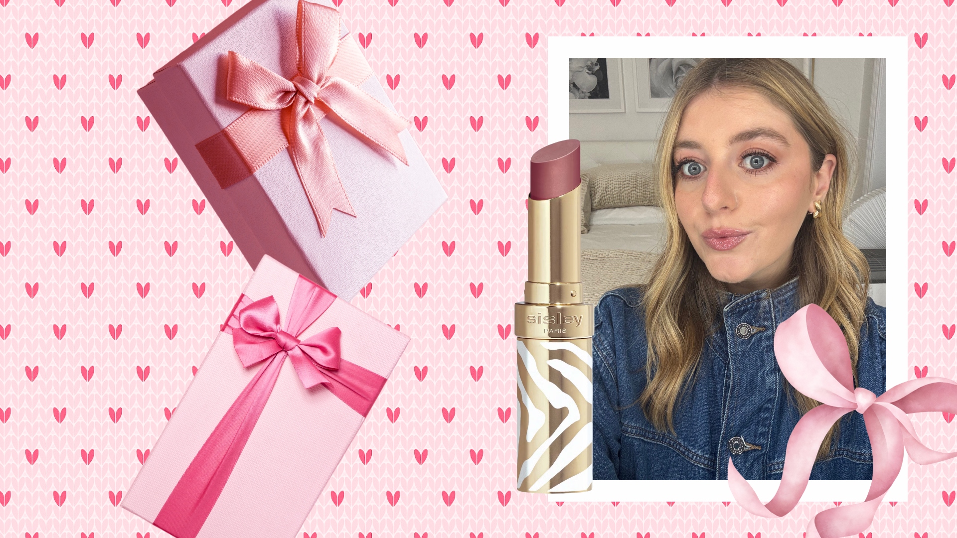 valentine's day background theme with a beauty gift of lipstick on top next to a girl with blonde hair