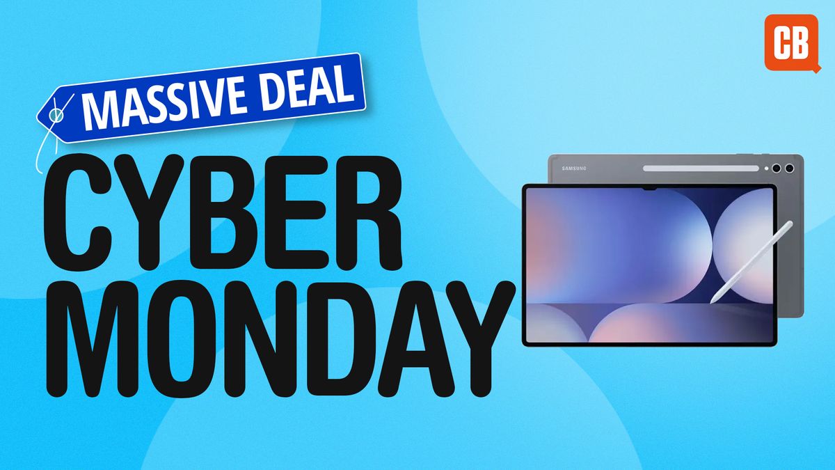 Samsung Galaxy tab with massive deal Cyber Monday text on a blue background