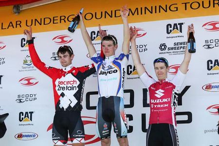 Stage 9 podium: Luke Fetch (Search2Retain), Jay McCarthy (Jayco-VIS) and Ben Hill (Suzuki-Trek)