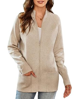 Grace Karin Langarm-Strickjacke mit Reißverschluss für Damen, durchgehender Reißverschluss, warmer Pullover, Mantel für Damen, 2024, modische Strickwaren, M Apricot