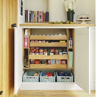 cabinet with pull-out baskets and shelves for storing food