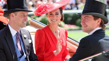 The Prince and Princess of Wales arrive at Royal Ascot 2023, with the Princess of Wales wearing a red dress and statement earrings