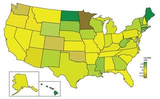 A map showing the risk of a fatal car accidents in the United States on April 20, compared with the risk on April 13 and April 27. Green corresponds to an increase in risk, brown to a decrease in risk, and yellow to a "neutral" risk (neither an increase n
