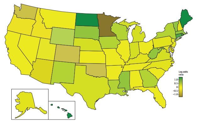 A map showing the risk of a fatal car accidents in the United States on April 20, compared with the risk on April 13 and April 27. Green corresponds to an increase in risk, brown to a decrease in risk, and yellow to a &quot;neutral&quot; risk (neither an increase n