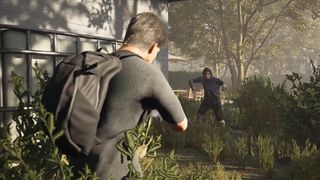 The Left Behind character aiming a gun at zombie