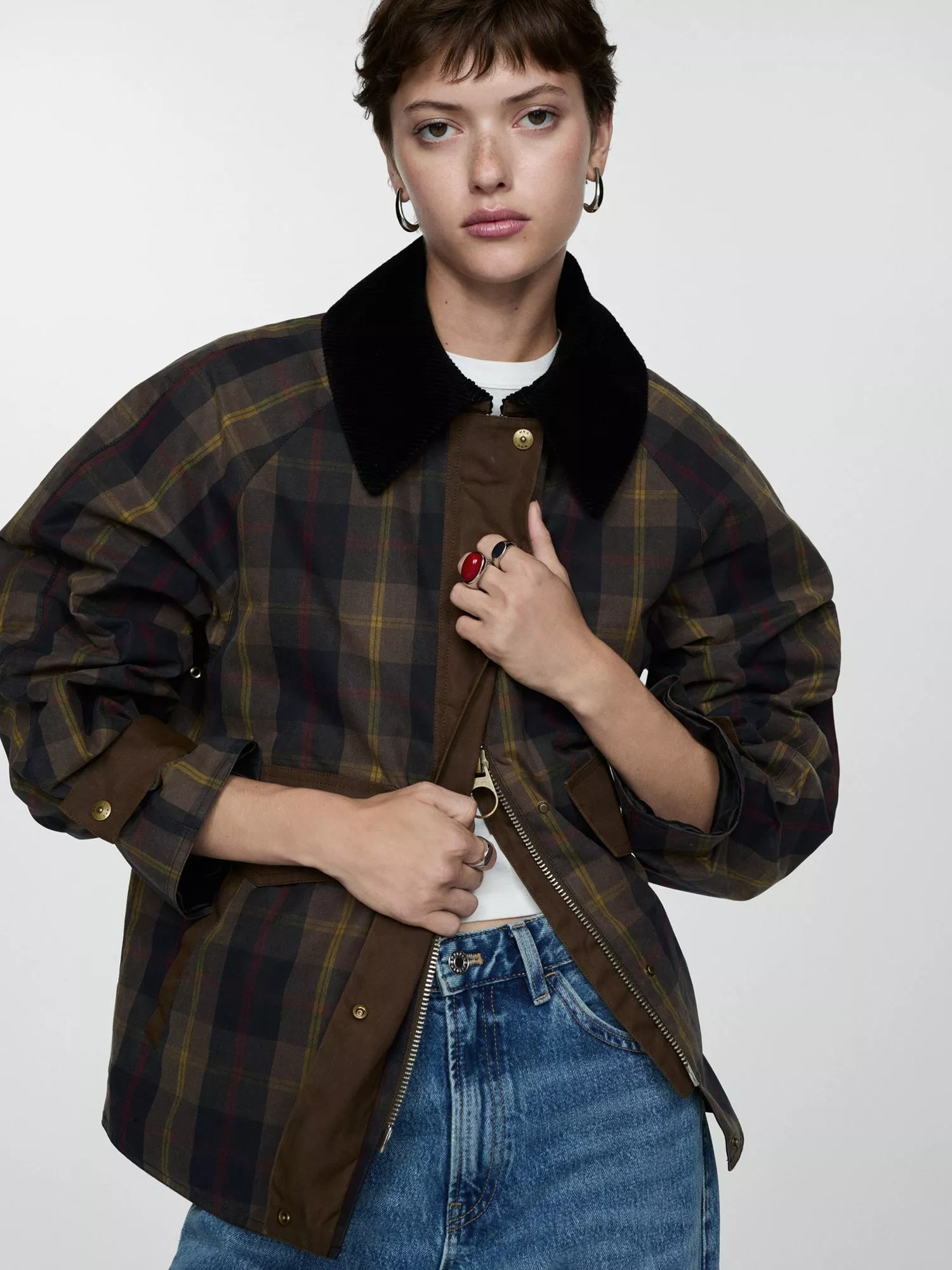 Mango Bristol Check Oversized Parka, Navy