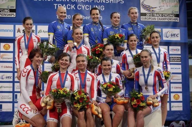 The full podium of the women's team pursuit: Poland, Great Britain and Russia