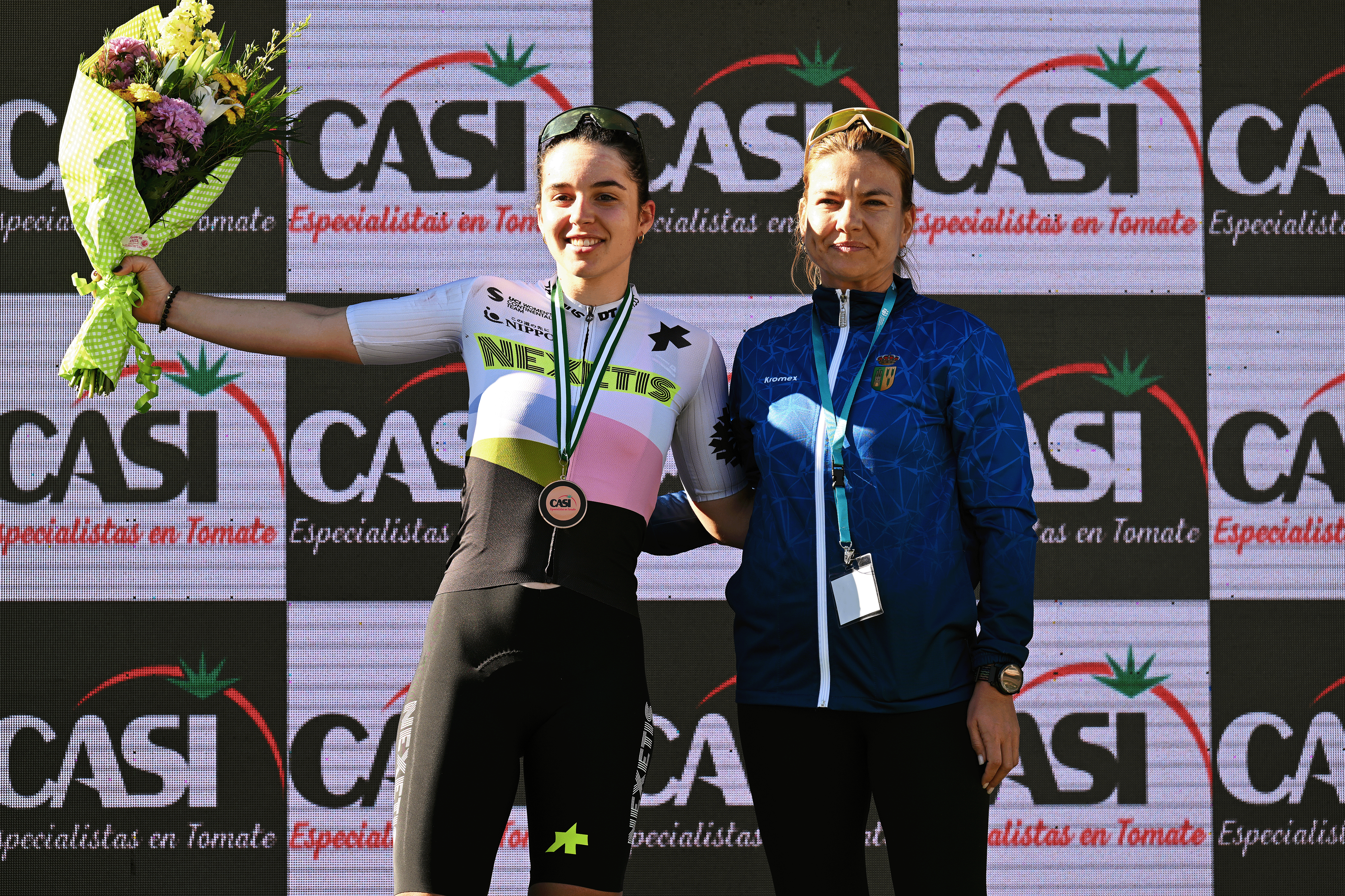 TABERNAS, SPAIN - FEBRUARY 22: Jasmin Liechti of Switzerland and Team NEXETIS on third place poses on the podium ceremony after the 4th Clasica de Almeria 