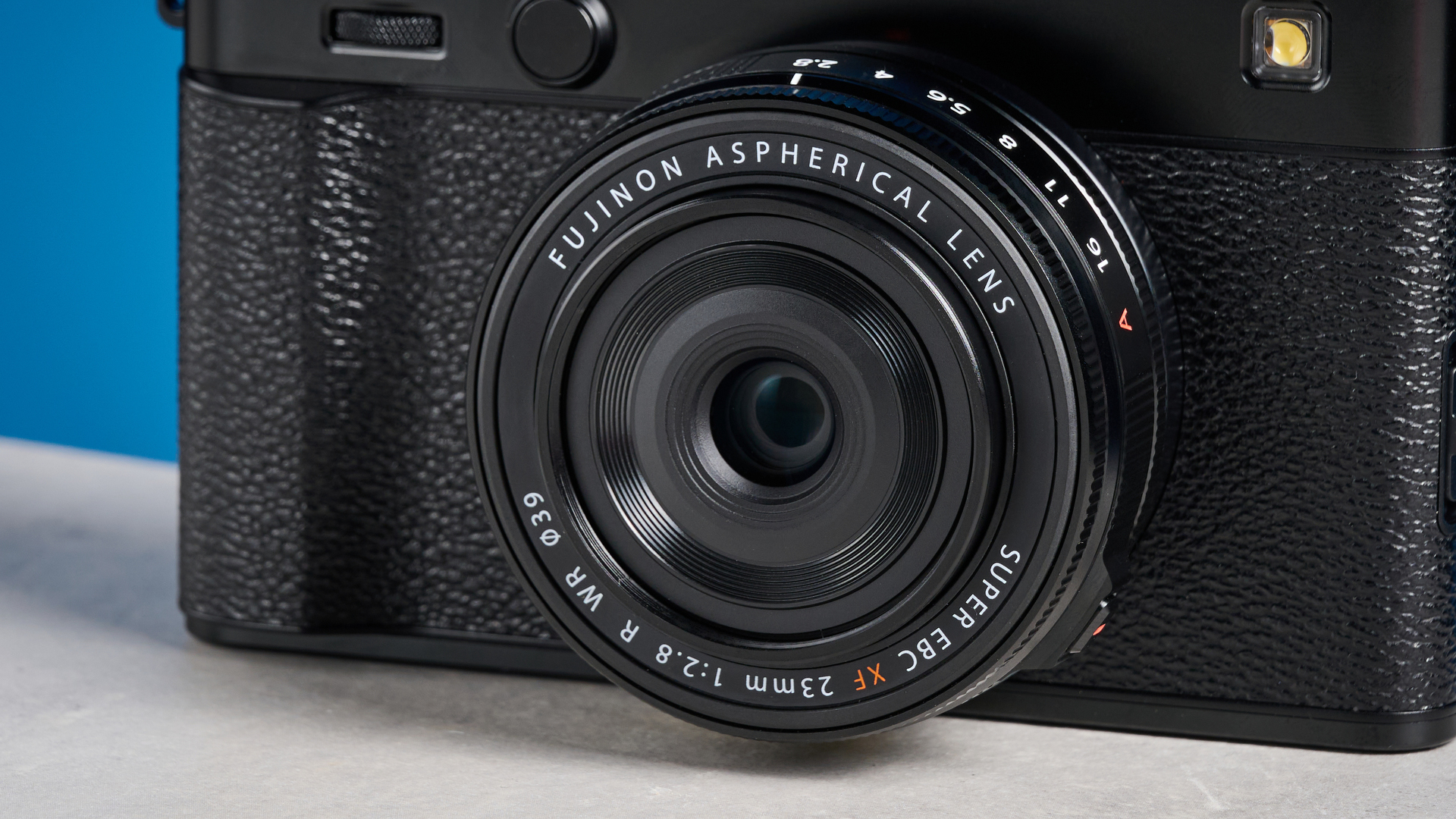 Fujifilm X-E5 against a blue background