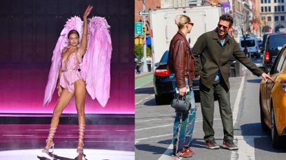 A photo of Gigi Hadid posing in pink wings and a bodysuit on the left and a photo of Bradley Cooper opening a taxi door for Gigi Hadid on the right