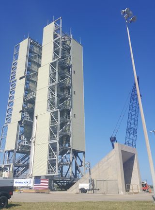 A view of the mobile access tower and flame trench.