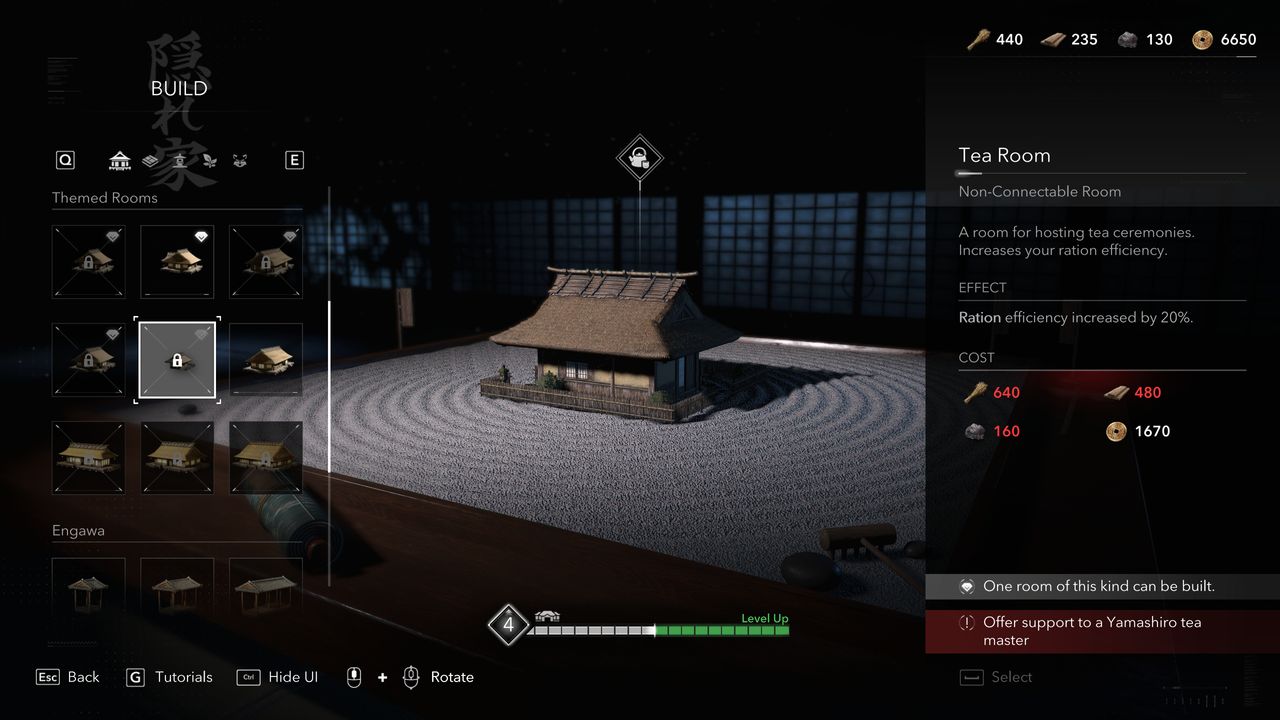 Assassin's Creed Shadows rations upgrades - The tea room in the construction menu.