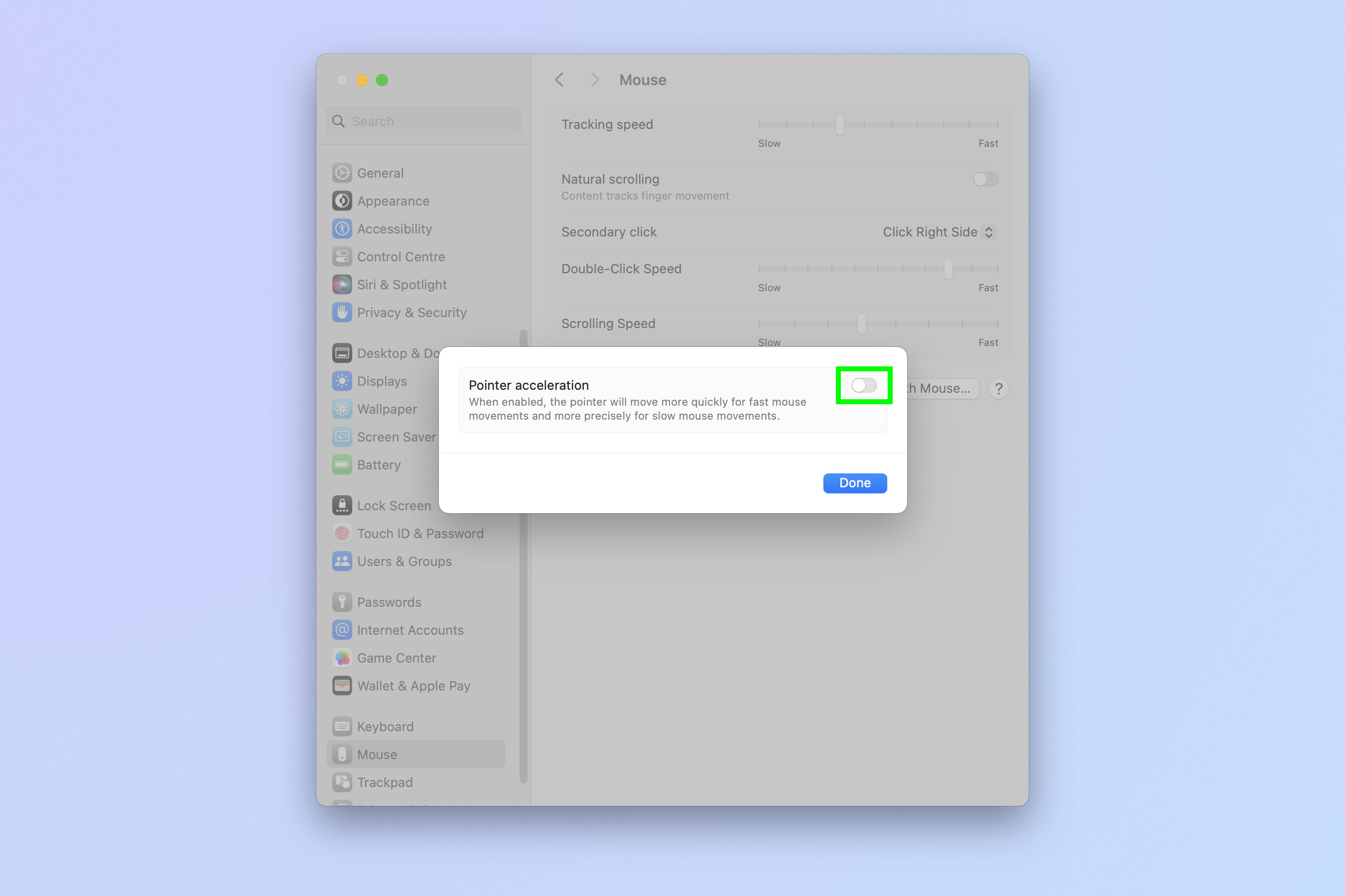 Снимок экрана, показывающий, как отключить ускорение мыши на Mac.