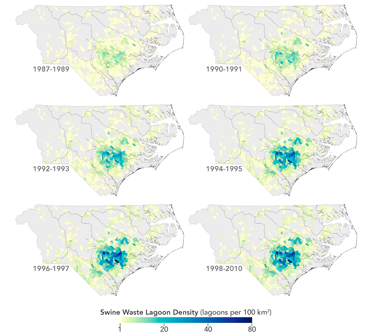La densité des lacs porcins en Caroline du Nord a considérablement augmenté au fil des décennies.