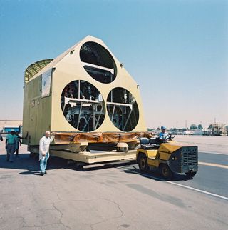 The aft fuselage is being rolled out of the Rockwell Downey facility prior to delivery to the Rockwell Palmdale facility, Calif., on August 15, 1988.
