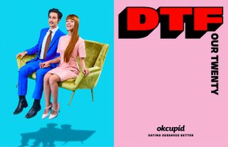 View of an OKCupid ad with a half blue, half pink background. On the blue side, there is a couple in a blue suit and pink dress holding hands and sitting on a green sofa that appears to be floating. And on the pink side, there is text that says 'DTFour Twenty'
