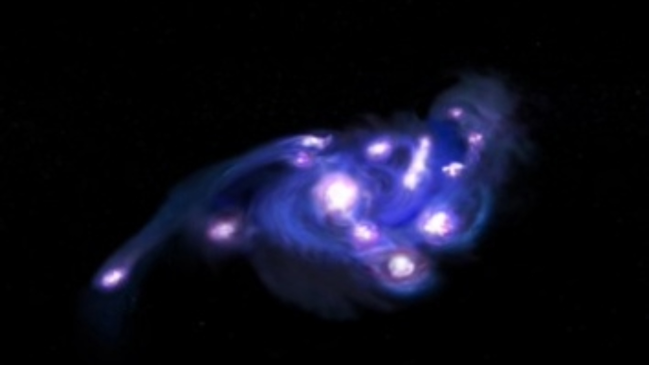 Swirls of purple light surround a cluster of glowing purple spheres against a dark background