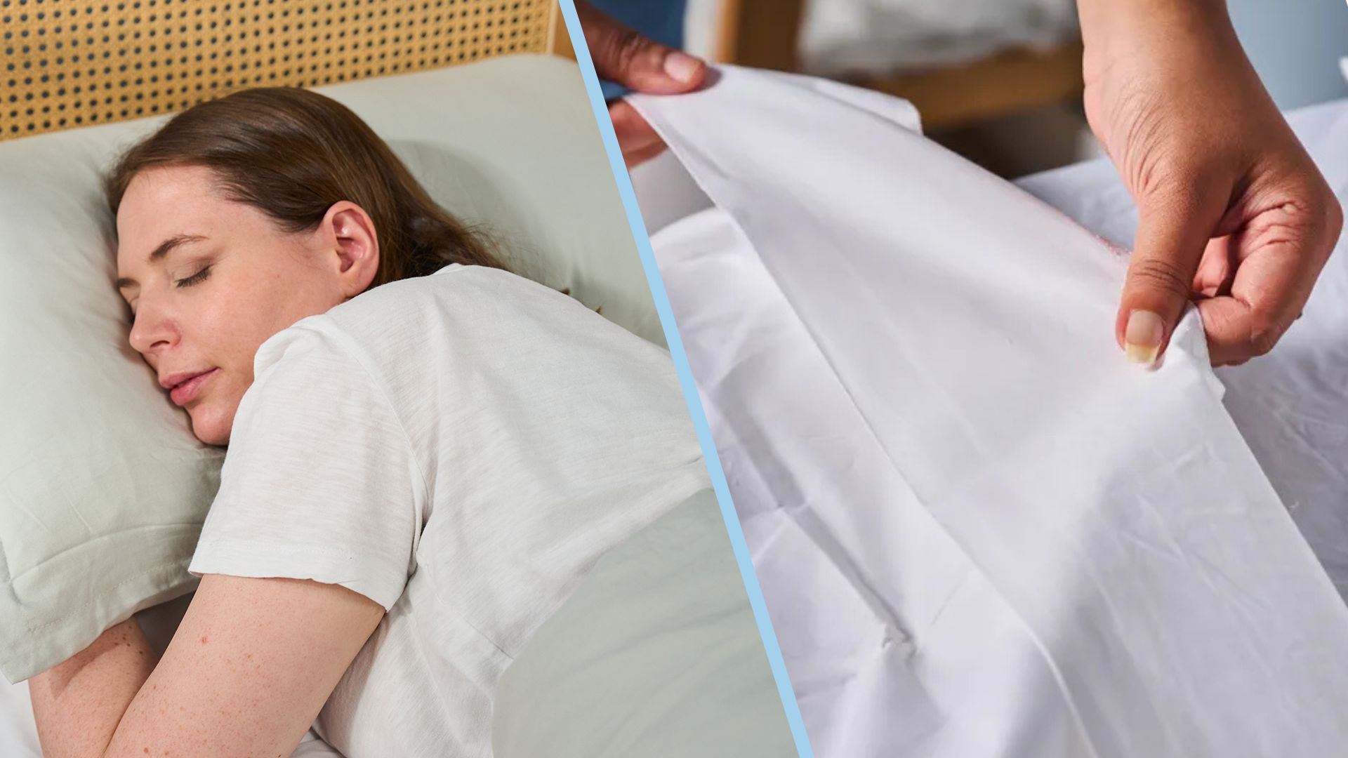 A split screen of a sleeping woman and a naturally cooling bed sheet. 